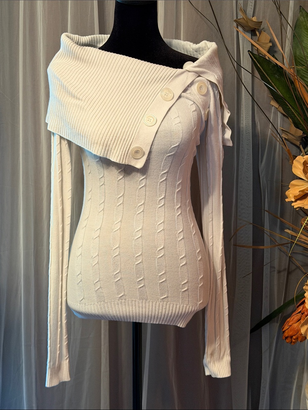 G by Guess Cream Off-the-Shoulder Cable Knit Sweater with Button Detail